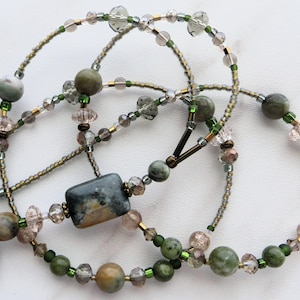 SPRING DESERT- Beaded ID Lanyard Badge Holder- Olive Green and Tan- Teacher, Office, Necklace Lanyard (Magnetic Clasp or Necklace Clasp)