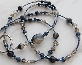 EXOTIC EVENING- Beaded Id Lanyard, Id Badge Holder- Navy and Gray Teacher, Office Necklace Lanyard (Magnetic, Necklace Clasp, No Clasp)
