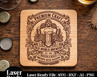 Beer Coaster SVG | Laser Ready Old World Brewery Coaster Design | Drink Coaster SVG for Laser Engraving | Bar & Man Cave File