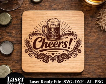 Beer Coaster SVG | Laser Ready Cheers Beer Coaster Design | Drink Coaster SVG for Laser Engraving | Bar & Man Cave File