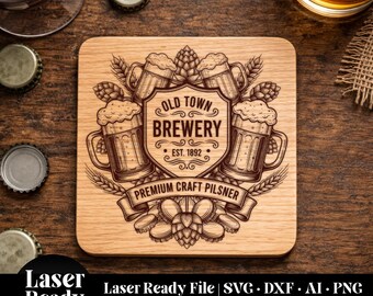 Beer Coaster SVG | Laser Ready Old Town Brewery Design | Drink Coaster SVG for Laser Engraving | Bar & Man Cave File