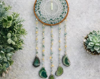 Atrapasueños de ágata verde natural para colgar en la pared, atrapasueños de cristal bohemio, regalo de decoración para el hogar hecho a mano.