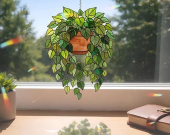 Pothos colgante – Planta trepadora realista, maceta de terracota para decoración de ventanas