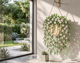 Atrapasueños acrílico de jazmín blanco – Decoración floral en cascada para ventanas (estilo vidriera)
