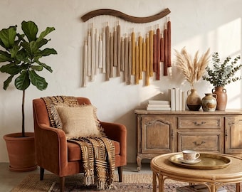 Großer, gebogener Makramee-Wandbehang aus Holz – Boho-Stil, moderne Wohnzimmerdekoration, Geschenkidee