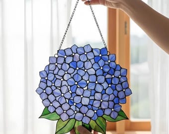 Atrapasueños acrílico de hortensias azules, adorno colgante de ventana con forma de flor de vidriera, decoración de jardín bohemia