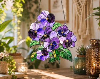 Violett pensé akryl solfångare – Lila blomma fönsterhängande, Cottagecore Decor