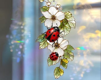 Coccinella in acrilico acchiappasole – Fiori bianchi, decorazione da giardino a forma di insetto, stile cottagecore estivo