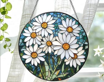 Atrapasueños de vidrieras con forma de margarita – Colgante redondo para ventana con flor blanca y amarilla, ideal para quienes nacen en abril.