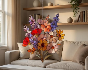 Atrapasueños acrílico con ramo de flores silvestres - Adorno colgante de ventana con flores coloridas, atrapasueños floral bohemio, atrapaluz arcoíris, decoración de jardín