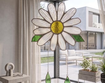 Atrapasueños acrílico con forma de margarita y campanillas de viento – Decoración de ventana estilo vidriera