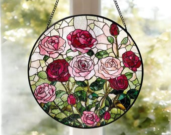 Atrapasueños de vidrieras con rosas - Rosa rosa y roja redonda para colgar en la ventana, atrapaluz floral, regalo de estilo cottagecore para el Día de la Madre