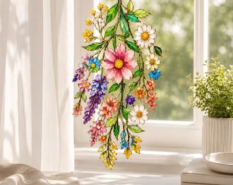 Wildflower Bouquet Acrylic Suncatcher - Cascading Meadow Flower Window Hanging, Colorful Stained Glass Style, Cottagecore Gift