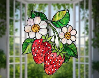 Atrapasueños acrílico con fresas - Adorno floral para ventana, decoración de primavera para la cocina, arte de pared estilo vidriera de frutas, regalo de inauguración de casa