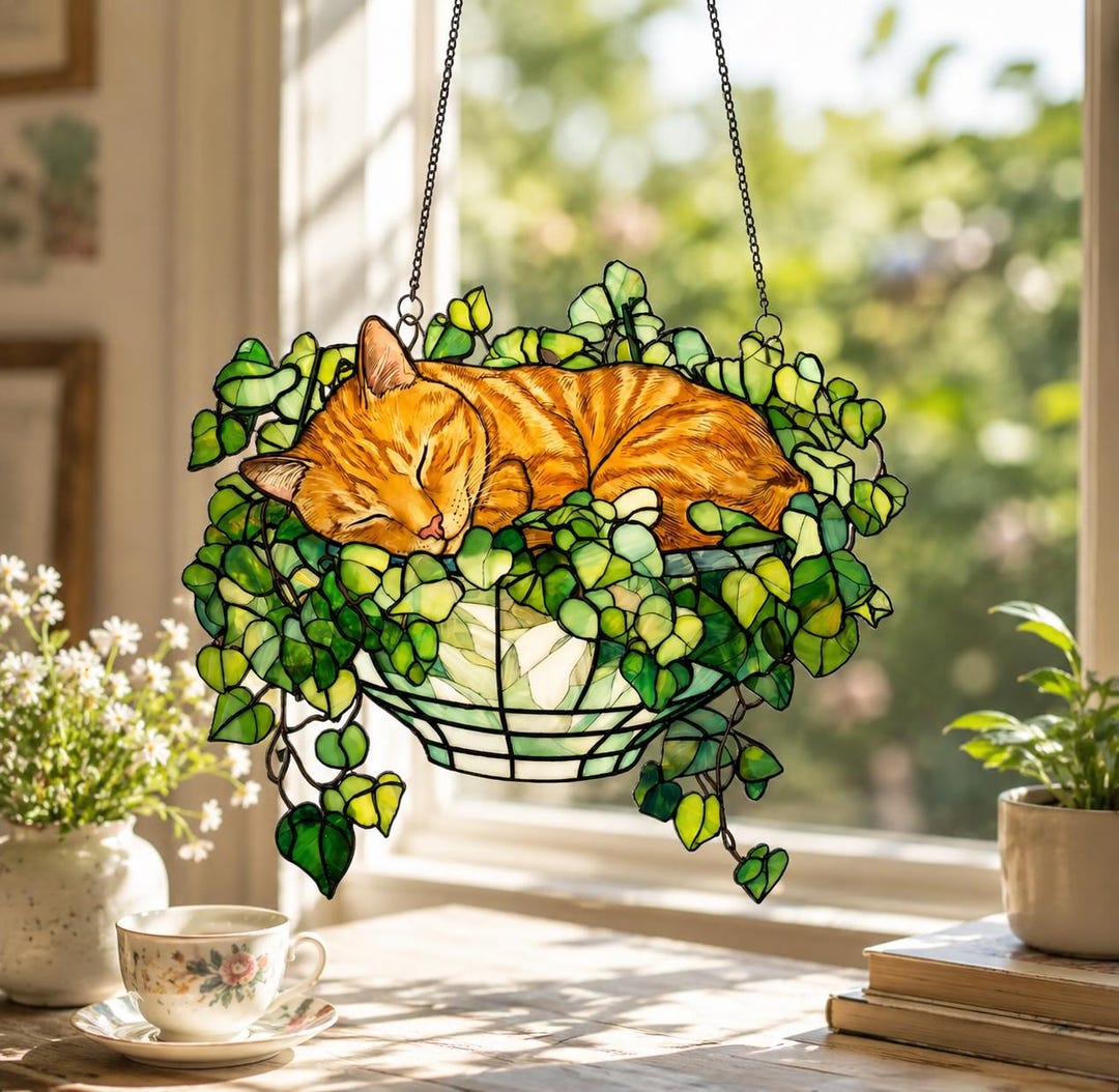 Sleeping Orange Cat in Monstera Basket Acrylic Suncatcher, Stained ...