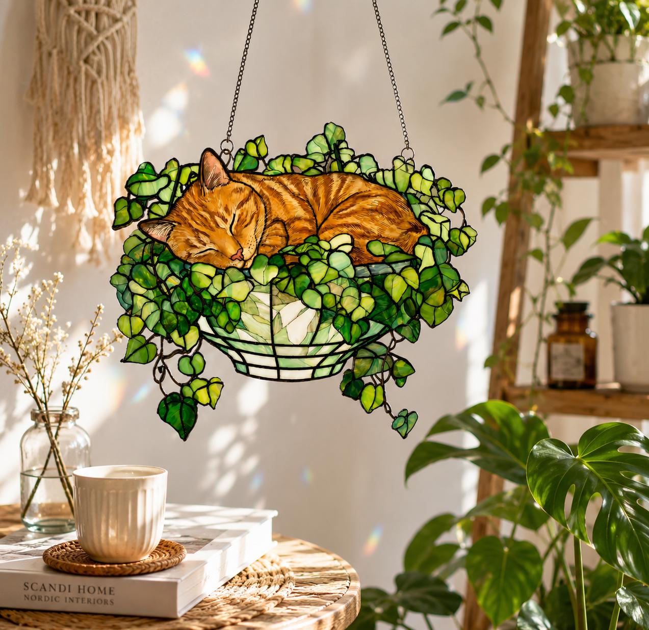 Sleeping Orange Cat in Monstera Basket Acrylic Suncatcher, Stained ...