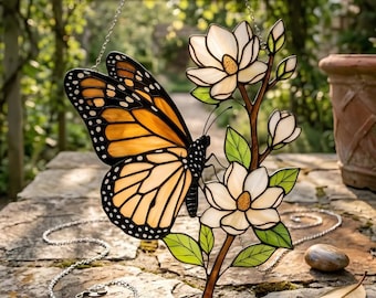 Mariposa Monarca Magnolia Atrapasueños Acrílico – Adorno para Ventana Estilo Vitral