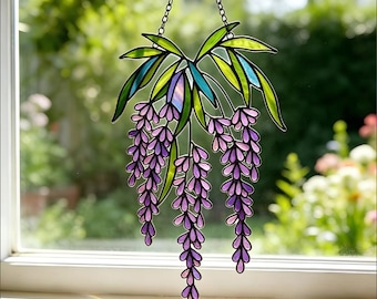 Atrapasueños acrílico de glicinia – Decoración floral colgante morada para ventana, regalo de jardín estilo vidriera