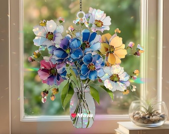 Bouquet floreale in acrilico acchiappasole – Decorazione per finestra a forma di cuore per la mamma, vaso colorato