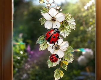 Atrapasueños acrílico con forma de mariquita, colgante de ventana con mariquita y flor blanca de vidriera, decoración de jardín.