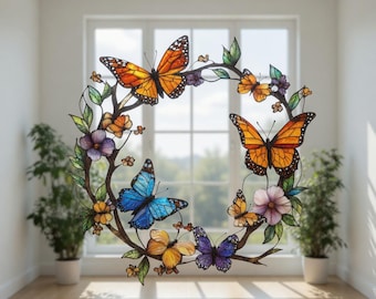 Guirnalda de mariposas, atrapasol acrílico, adorno redondo de vidrieras con mariposas y flores para ventana.