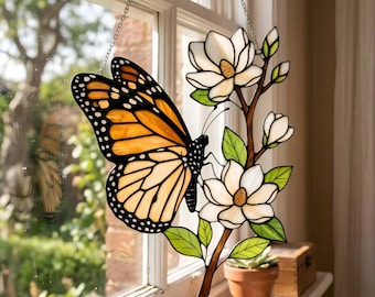 Atrapasueños de magnolia con mariposa monarca, decoración de ventana acrílica inspirada en vidrieras