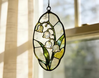 Atrapasueños de vidrieras con lirios del valle – Adorno floral para ventana, atrapaluz de la flor de nacimiento de mayo