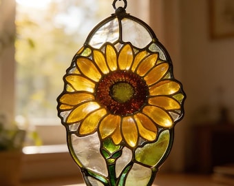 Atrapasueños de vidrieras con forma de girasol - Adorno colgante de ventana con flores amarillas, atrapaluz floral, regalo veraniego de estilo cottagecore para ella.