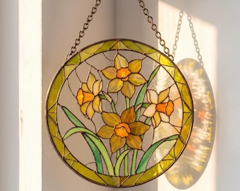 Atrapasueños de vidrieras con diseño de narciso - Adorno redondo para ventana con flores amarillas, atrapaluz floral primaveral, regalo de estilo rústico para Pascua