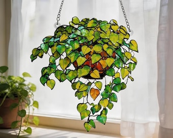 Atrapasueños colgante con planta Pothos, decoración acrílica para ventana con forma de corazón y hojas verdes colgantes, regalo bohemio para amantes de las plantas.