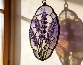 Atrapasueños de vidrieras color lavanda – Adorno floral morado para ventana, estilo cottagecore