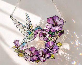 Atrapasueños de vidrieras con colibríes – Adorno colgante de ventana con flores moradas y pájaros tropicales