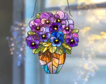Pensébukett i akryl - solfångare i färgglad lila blomkruka i fönster, blommig Cottagecore-dekor, mors dag-present