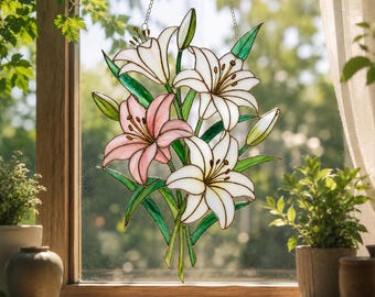 Atrapasueños de flores de lirio de acrílico – Decoración floral de vidriera en blanco y rosa