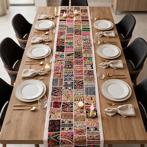 Handmade Patchwork Table Runner | Embroidered Beaded Fabric | Boho Indian Decor