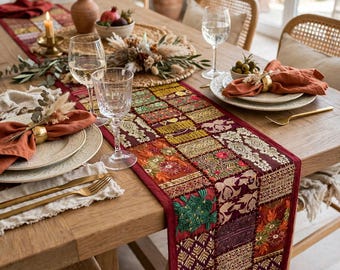 Camino de mesa de patchwork hecho a mano / Tela bordada con cuentas / Decoración bohemia india
