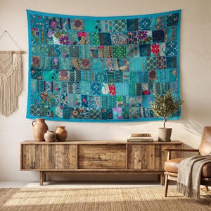 Vintage Indian Patchwork Tapestry, Handmade Wall Hanging, Boho Quilted Textile Art, 150x105 cm