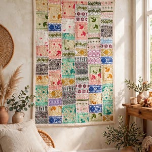 Handmade Indian Sari Patchwork Wall Tapestry | Embroidered Boho Ethnic Home Decor | 36x24 inches