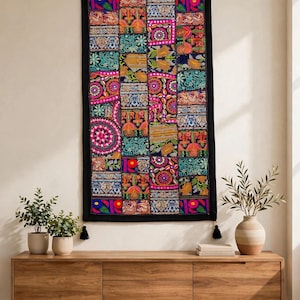 Tapiz de pared indio con patchwork, tapiz bordado estilo boho, decoración para el hogar estilo boho (80 x 40 cm)
