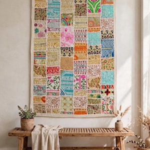 Tapeçaria artesanal indiana em patchwork com sari | Decoração de parede boho bordada (91 x 61 cm)