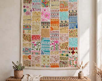 Handmade Indian Sari Patchwork Tapestry | Embroidered Boho Wall Art Decor (36x24 inches)