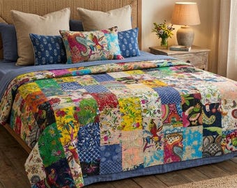 Handmade Kantha Quilt, Bohemian Patchwork Bedspread, Queen Size