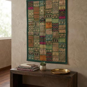 Handmade Sari Patchwork Tapestry, Embroidered Indian Textile Art