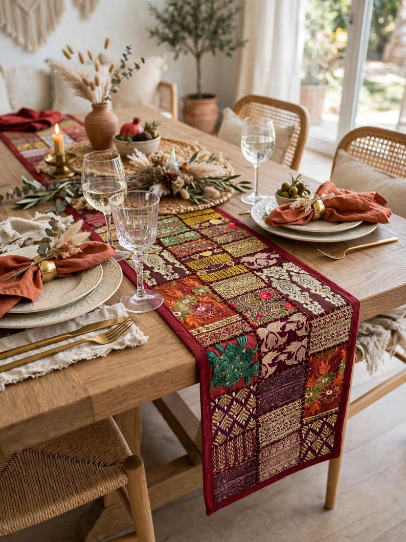 May include: A rectangular table runner featuring a patchwork design of embroidered fabric squares in shades of deep red, gold, green, and purple, accented with intricate metallic thread detailing and floral patterns throughout the textile.