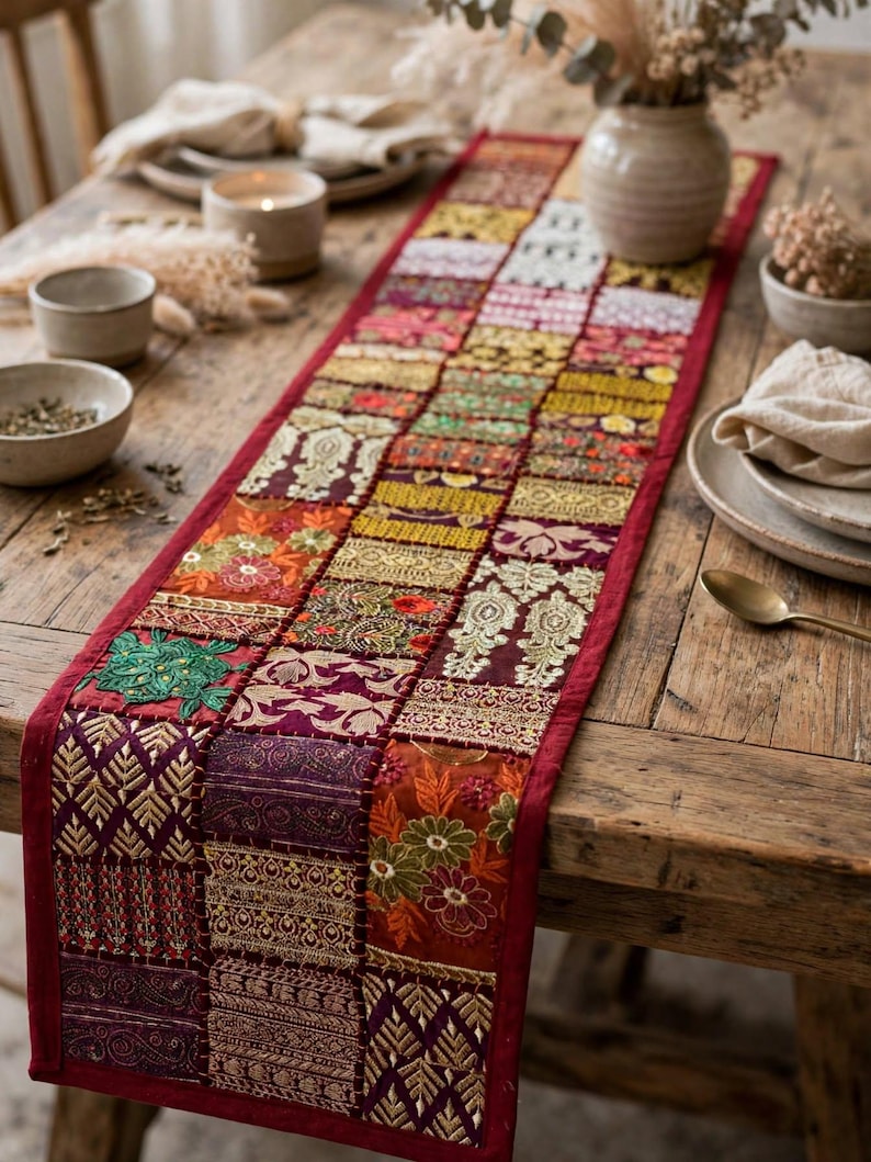 May include: A rectangular table runner featuring a patchwork design of various fabric squares in shades of red, gold, purple, and green. The runner is decorated with intricate embroidery, metallic thread accents, and floral patterns throughout.