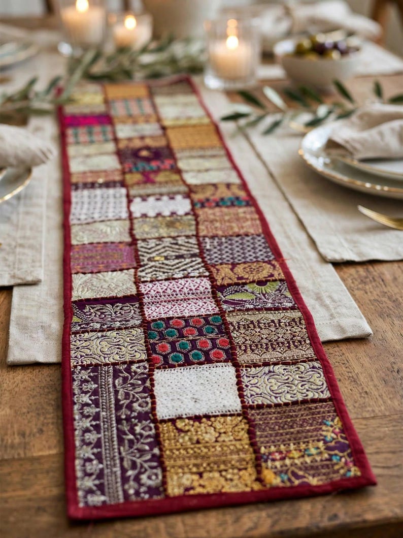 May include: A rectangular table runner featuring a patchwork design of various fabric squares in shades of purple, gold, white, and red. The runner is bordered by a solid red fabric trim and displays intricate embroidery and woven patterns.