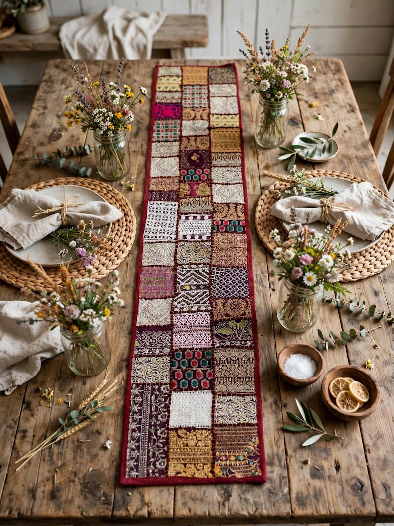 May include: A rectangular table runner featuring a patchwork design of various fabric squares in shades of deep red, gold, white, and purple. Each square displays intricate embroidery, metallic thread detailing, and diverse geometric patterns.