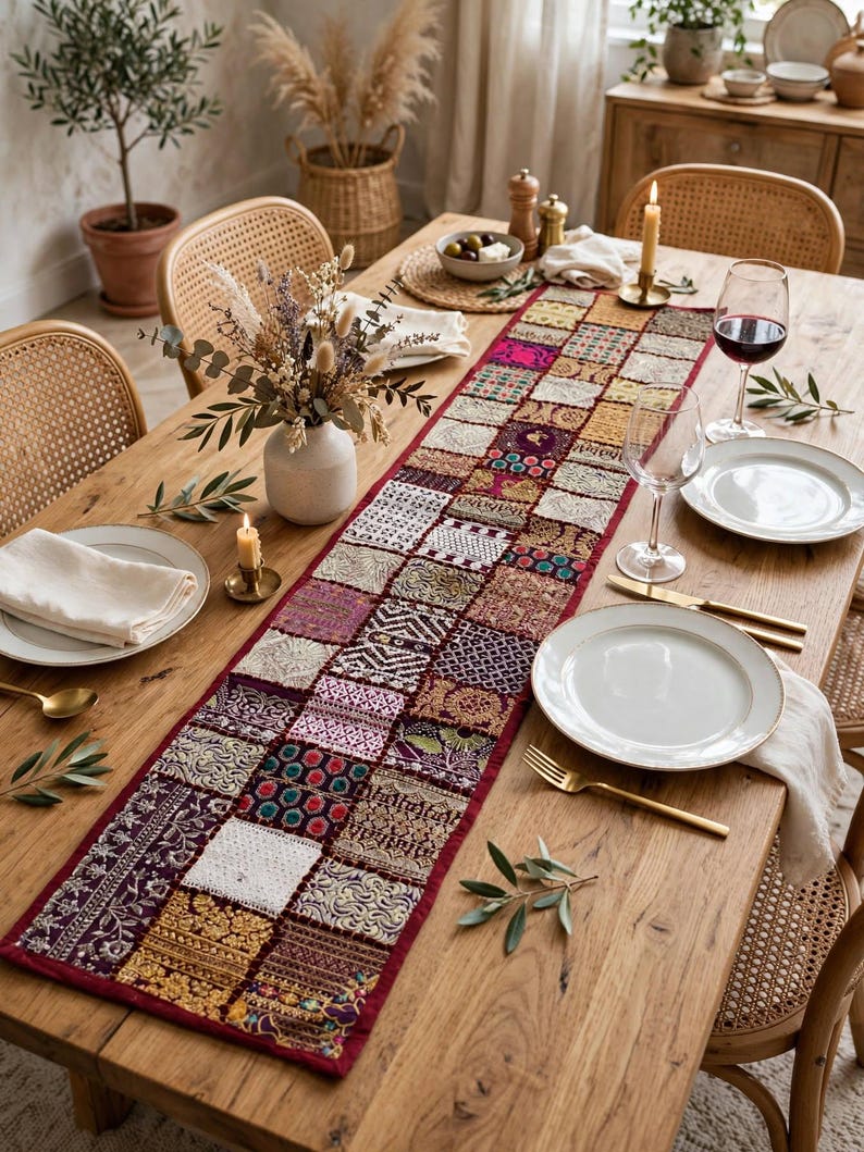 May include: A rectangular table runner featuring a patchwork design of various embroidered fabric squares in shades of red, gold, purple, and white, with a dark red border, laid out on a wooden dining table with white plates and gold cutlery.