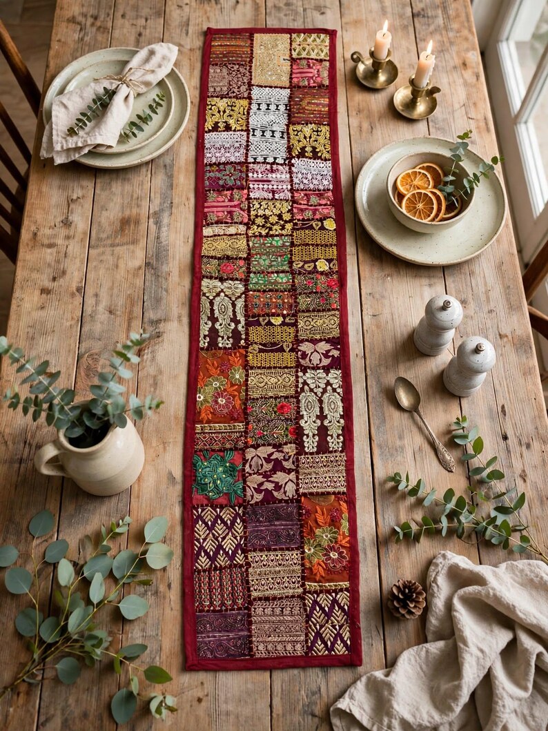 May include: A long, rectangular table runner featuring a patchwork design of various embroidered fabric squares in shades of deep red, gold, green, and cream, with intricate metallic thread detailing and decorative stitching throughout.
