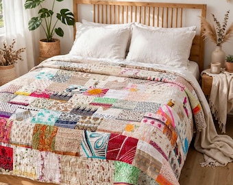 Handmade Kantha Quilt, Bohemian Patchwork Bedspread, Queen Size